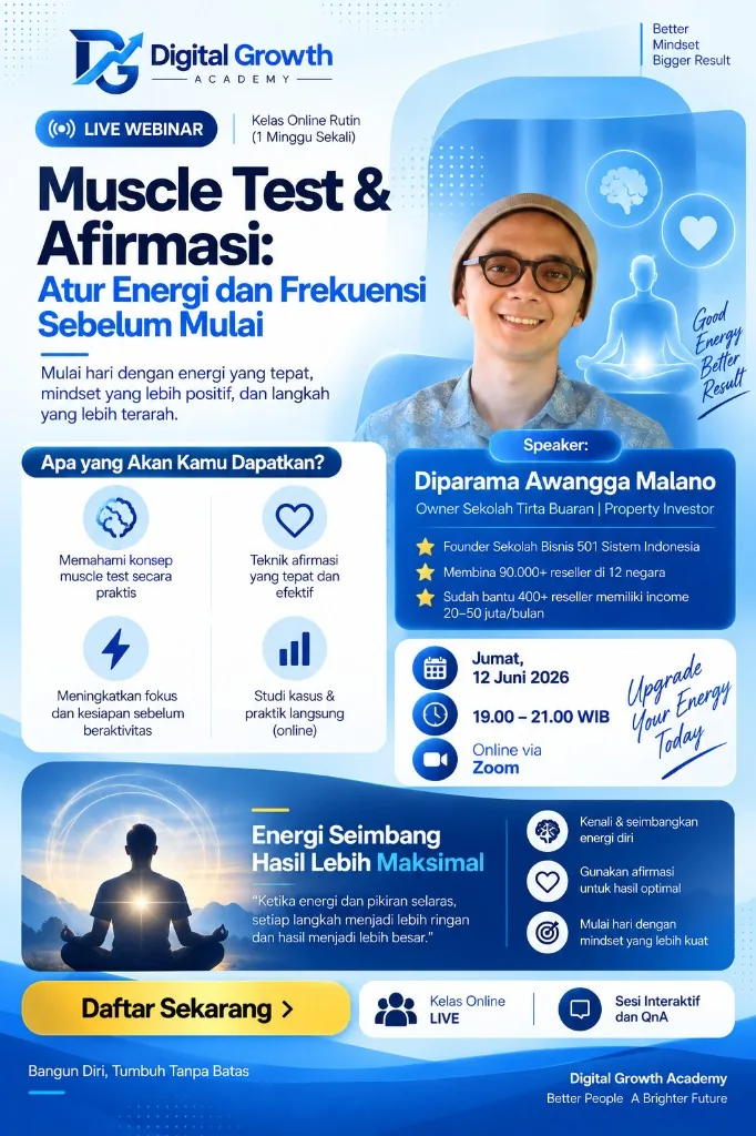 Poster kelas online DIGROW tentang muscle test dan afirmasi